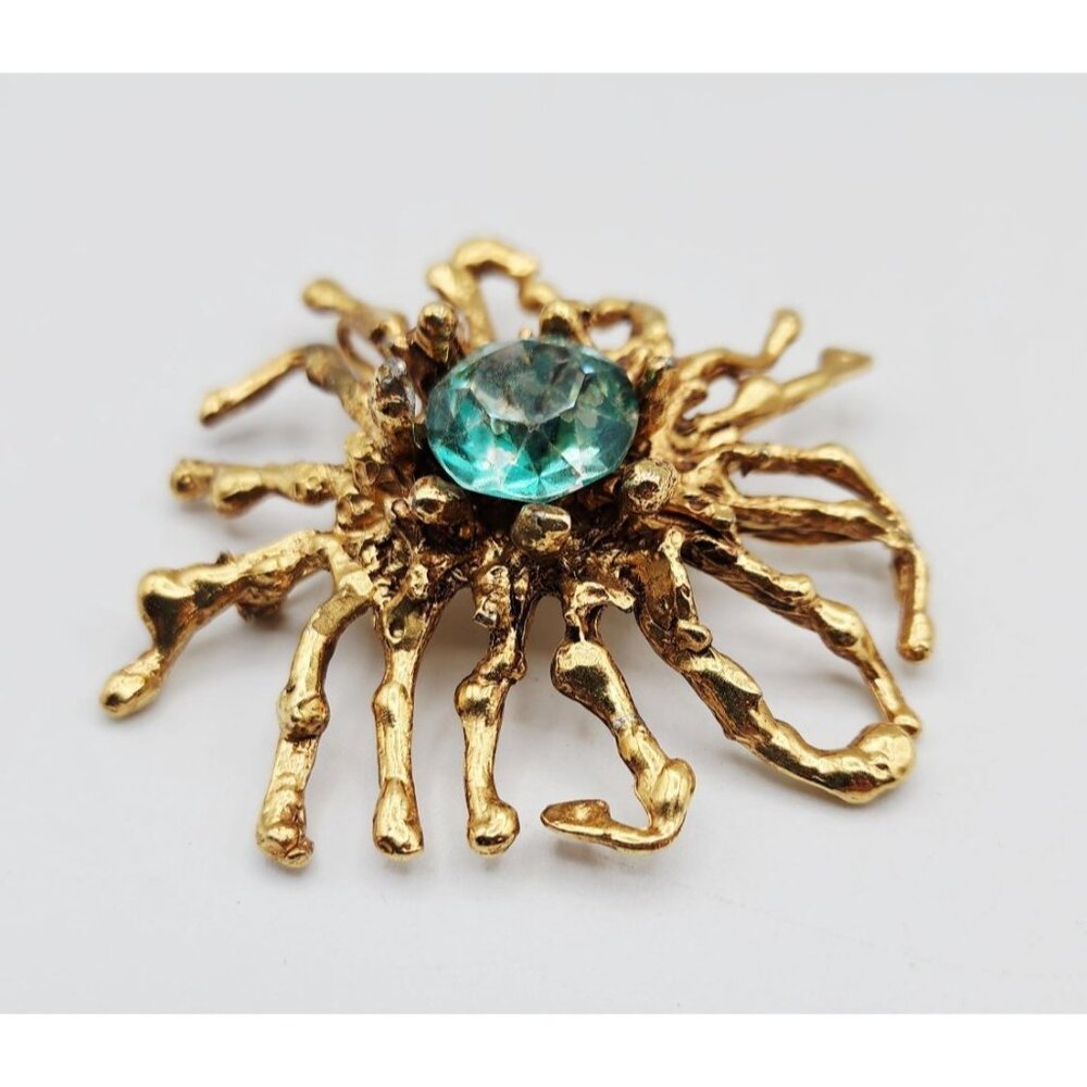 Vintage Capri Gold tone blue crystal rhinestone spider leg brooch pin 3"